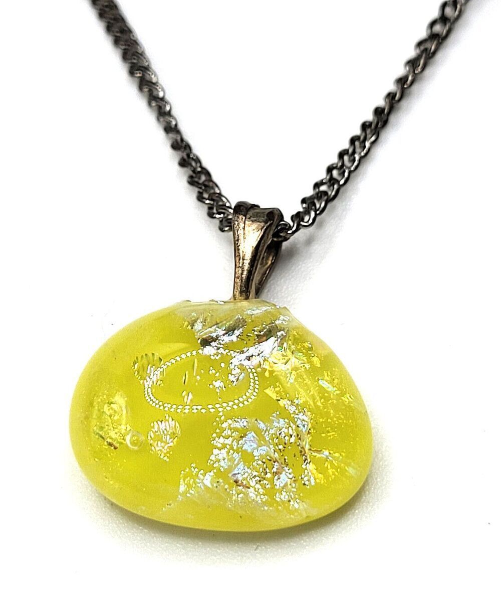 Vintage 90s Yellow Dichroic Glass Pendant Necklace Sterling Silver 26in